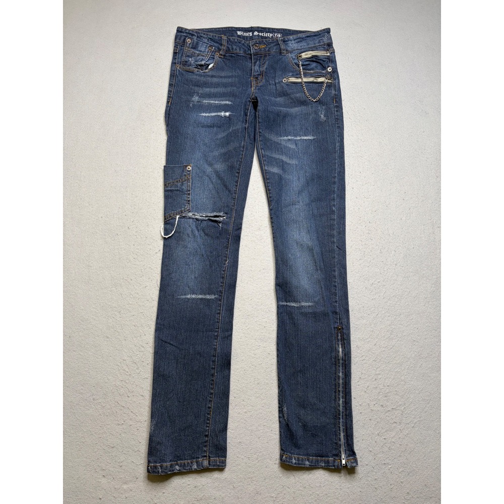 Blues Society Jeans Women 7/8 Blue Y2K Distressed Chain Zipper Low Rise Straight